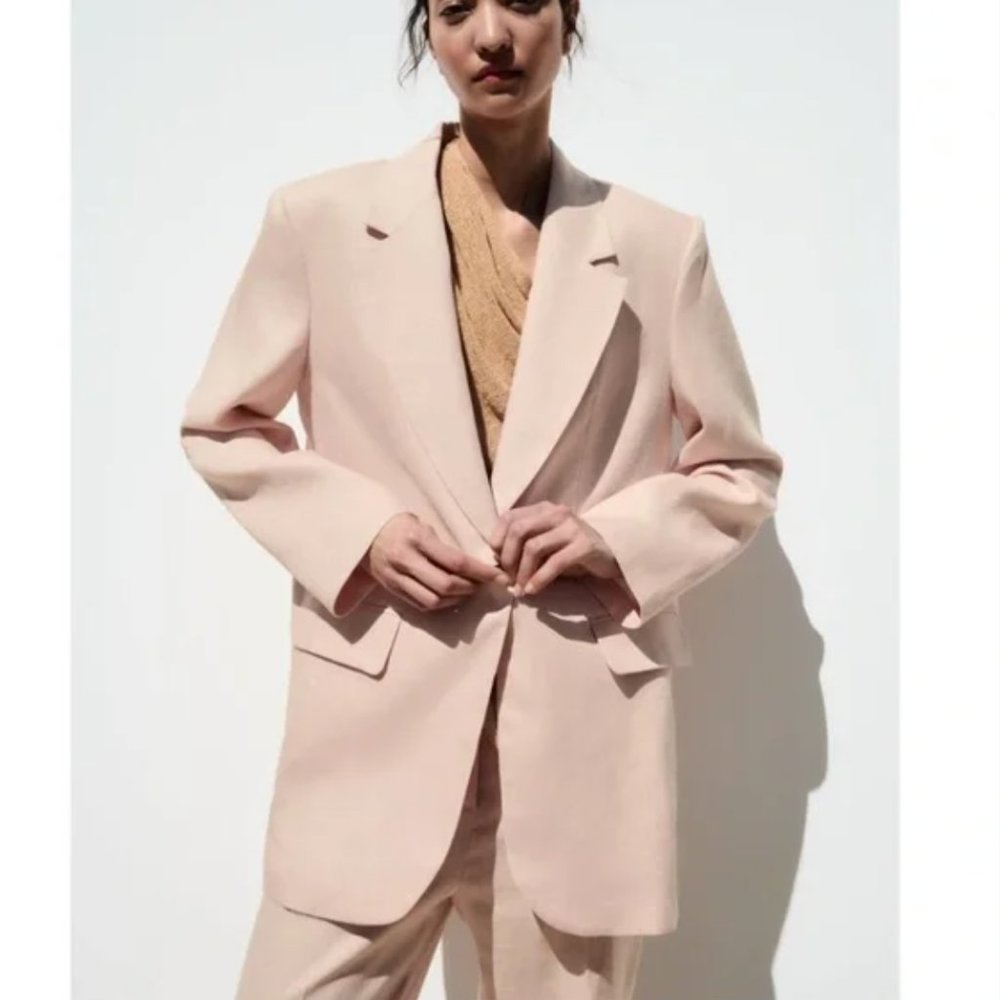 NWT Zara suit 100% linen straight cut blazer + straight leg pants beige-pink - Picture 6 of 12